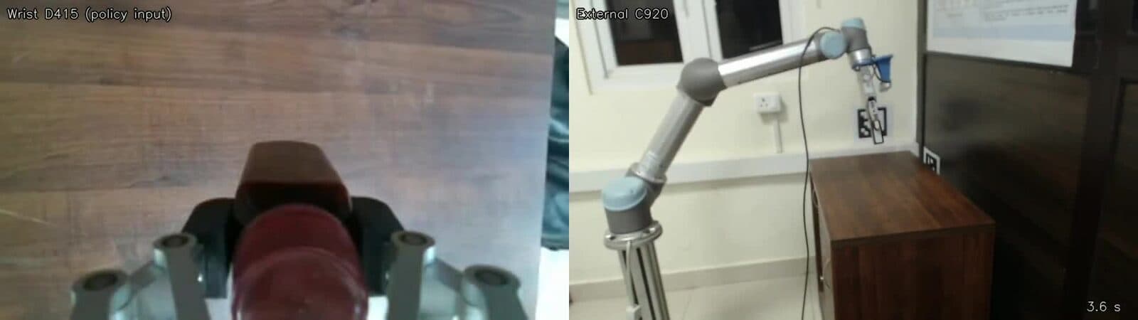 Real UR5 robot picking a bottle, wrist camera and external view