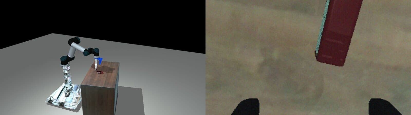 UR5 bottle pick in simulation, with the simulated wrist camera view
